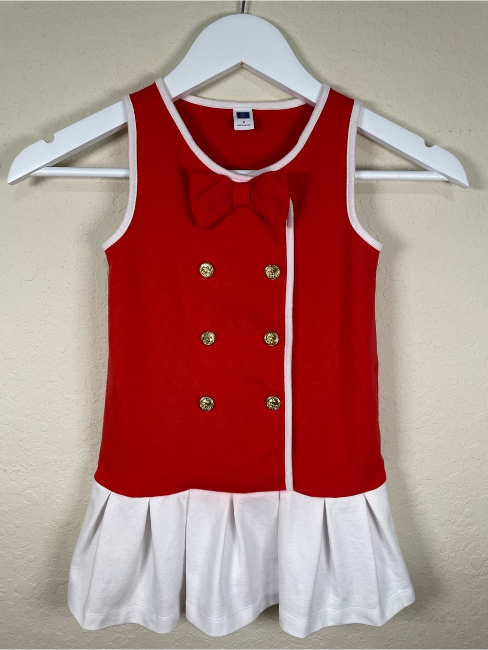 JANIE AND JACK | ⚓️ Red White Sailor Ponte Dress Pleated Bow Gold Button | 2